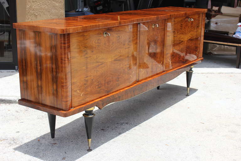 A Pair French Art Deco Exotic Walnut Buffets/ Sideboards, circa 1940's In Excellent Condition In Hialeah, FL