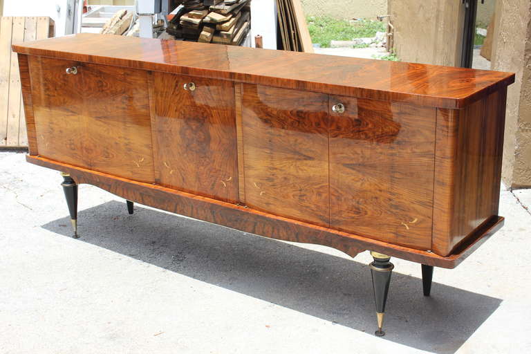 Mid-20th Century A Pair French Art Deco Exotic Walnut Buffets/ Sideboards, circa 1940's