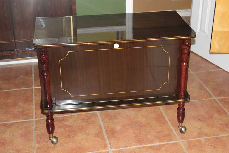 French Art Deco Flame Mahogany Rolling Dry Bar In Excellent Condition In Hialeah, FL