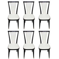 Set of 6 French Art Deco Ebonized Walnut Dining Chairs, circa 1940
s