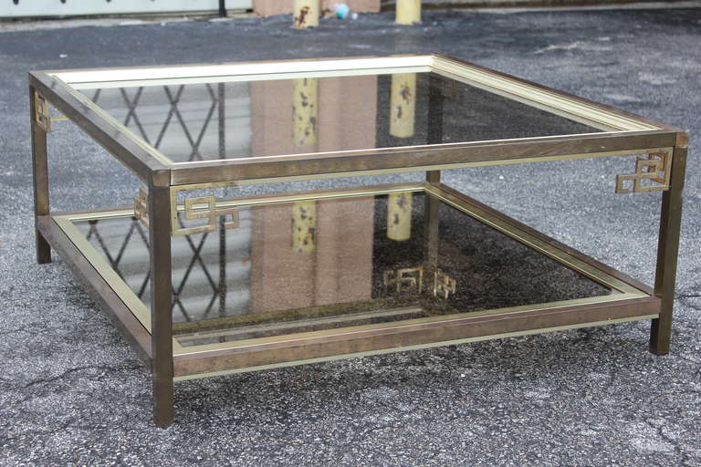 American Mastercraft Large Brass and Glass Coffee Cocktail Table, Two Tier, circa 1970s