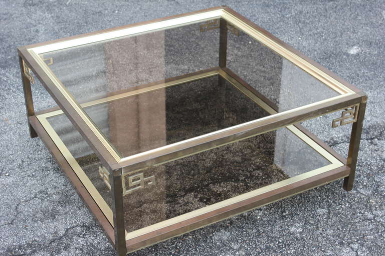 Metal Mastercraft Large Brass and Glass Coffee Cocktail Table, Two Tier, circa 1970s