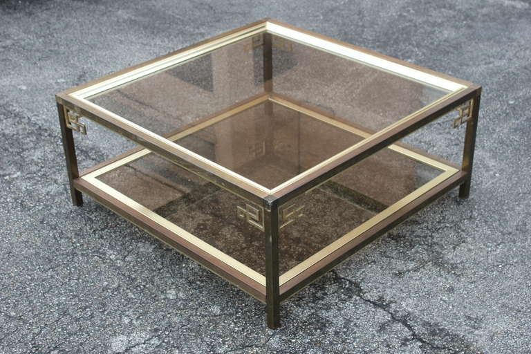 Mastercraft Large Brass and Glass Coffee Cocktail Table, Two Tier, circa 1970s 1