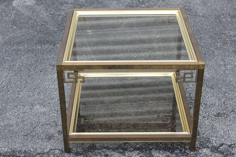 A Square 2 Tier Brass and Glass Accent Table by Mastercraft, Greek Key Detail, circa 1970's.