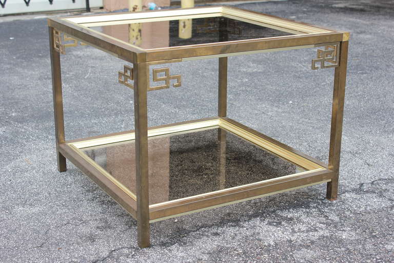 American Brass and Glass Square Two Tier Accent Table by Mastercraft, circa 1970's