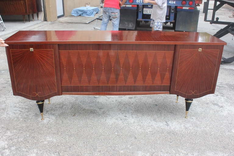 A French Art Deco Exotic Macassar Ebony Sunburst Buffet, Interior Finished, Exceptional Detail, All Keys Present. This piece will disassemble to suit elevator needs if necessary.