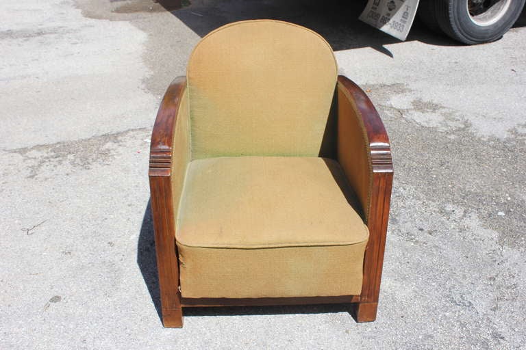 Pair French Art Deco Carved Walnut Club Chairs, Recline In Good Condition In Hialeah, FL