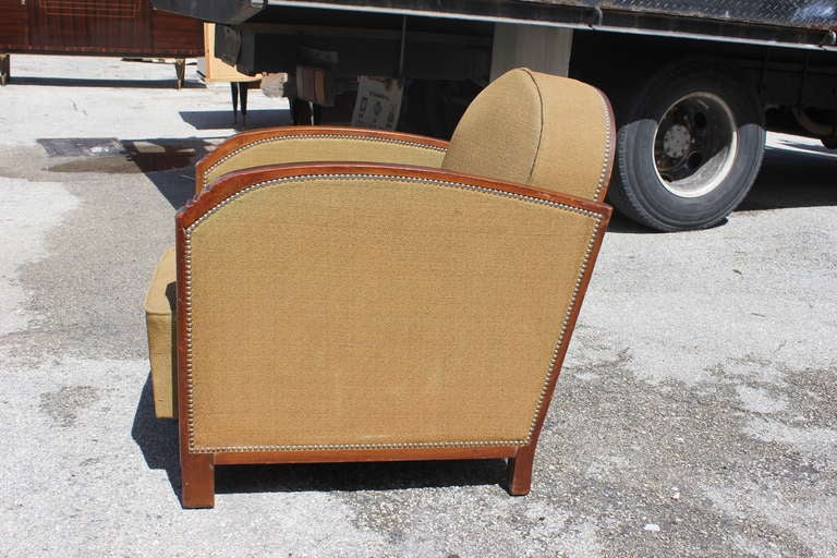 Pair French Art Deco Carved Walnut Club Chairs, Recline 1