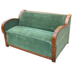 French Art Deco Convertible Sofa, Curved Wood Detail