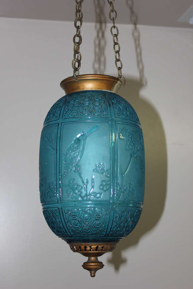 A Truly Rare Item. A Unique Blue 19th century Electrified Oil Lantern Signed by Baccarat, 19th century France. Napoleon III, excellent condition, no chips or cracks to glass. Some oxidation to brass. Very detailed scenes, birds, foliage, trees. A