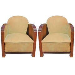 Pair French Art Deco Carved Walnut Club Chairs, Recline