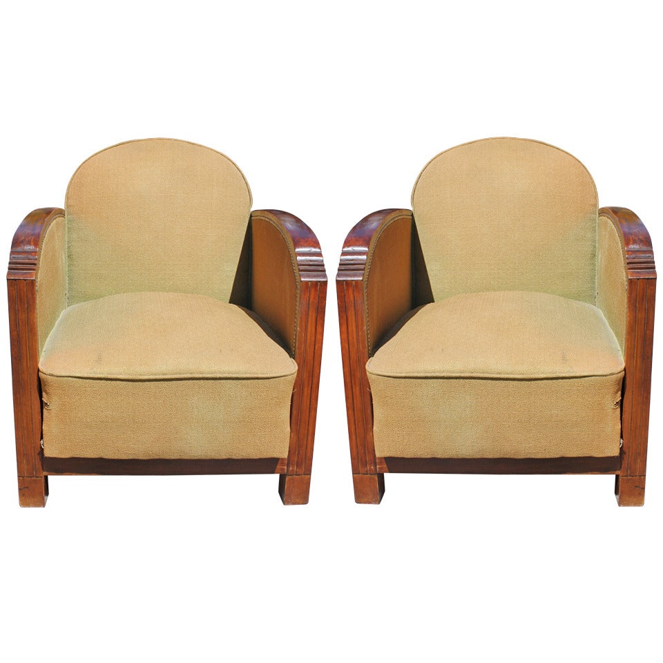 Pair French Art Deco Carved Walnut Club Chairs, Recline