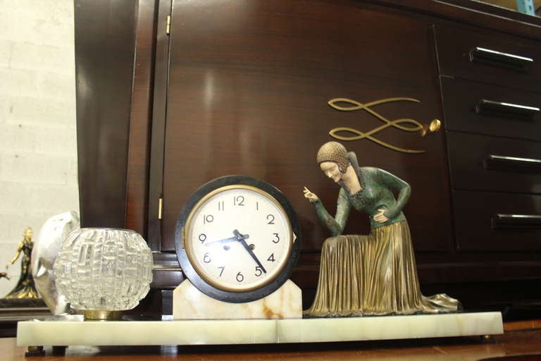 French Art Deco Patinated Metal Clock Sculpture/ Lamp "Deco Lady"