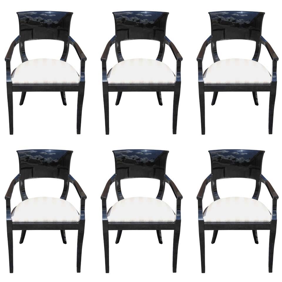 Set of Six French Art Deco Black Lacquered Dining Armchairs, circa 1940s