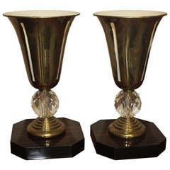 Pair French Art Deco Brass "Urn" Form Table Lamps/ Macassar Ebony Base