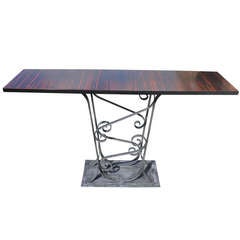 French Art Deco Scrolled Iron and Macassar Ebony Console Table, circa 1940s