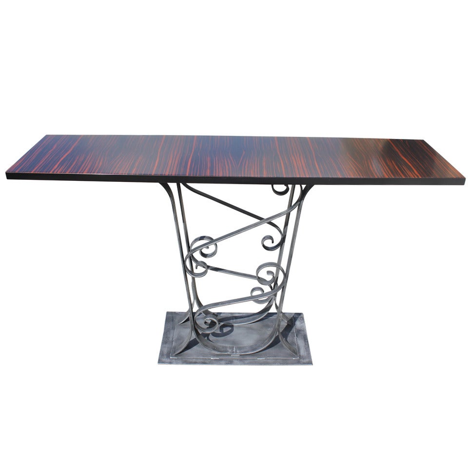 French Art Deco Scrolled Iron and Macassar Ebony Console Table, circa 1940s