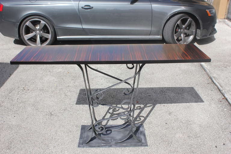 Metal French Art Deco Scrolled Iron and Macassar Ebony Console Table, circa 1940s