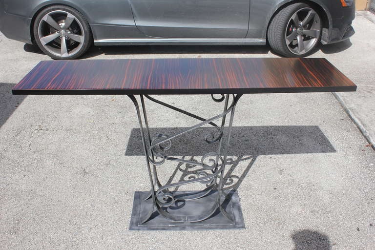A French Art Deco Exotic Macassar Ebony Console Table on Scrolled Iron Base, Heavy.