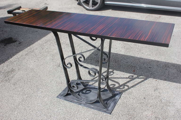 French Art Deco Scrolled Iron and Macassar Ebony Console Table, circa 1940s 3