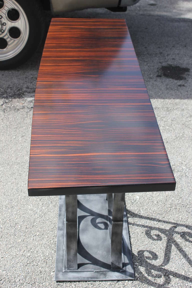 French Art Deco Scrolled Iron and Macassar Ebony Console Table, circa 1940s 4