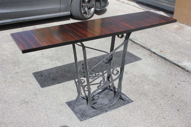 French Art Deco Scrolled Iron and Macassar Ebony Console Table, circa 1940s 5
