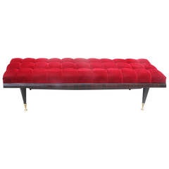 French Art Deco Red Velvet/ Exotic Macassar Ebony Sitting Bench, circa 1940s