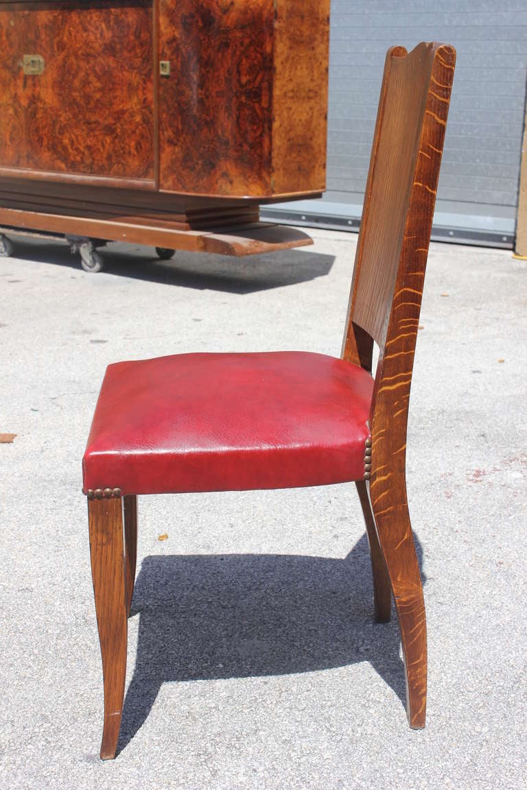 Wood Set of Eight French Art Deco Tiger Oak Dining Chairs by Alfred Portenueve