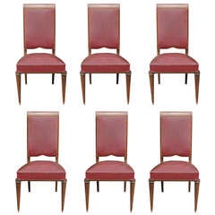 Set of Six French Art Deco Solid Mahogany Dining Chairs, Leleu Style