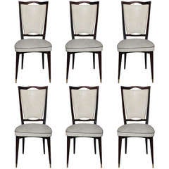 Set 6 French Art Deco Ebonized Walnut Dining Chairs, 1940
s