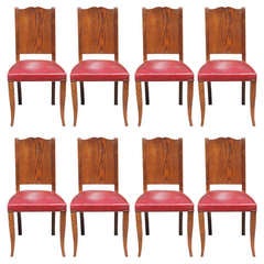 Set of Eight French Art Deco Tiger Oak Dining Chairs by Alfred Portenueve