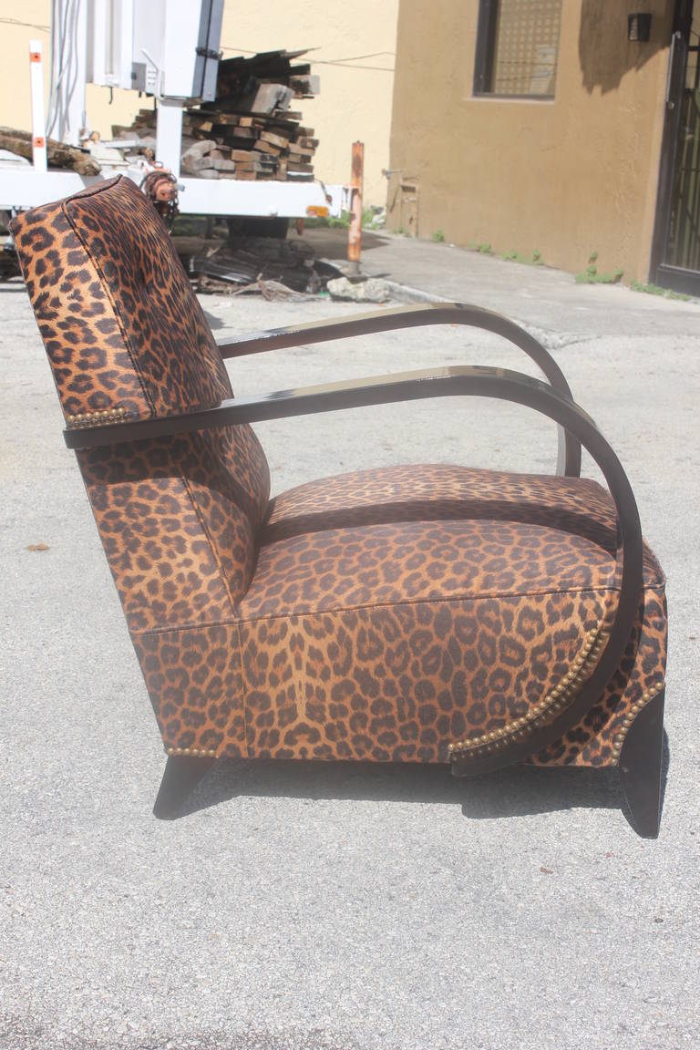 Pair of French Art Deco Black Lacquered Leopard Print Curved-Arm Club Chairs 2