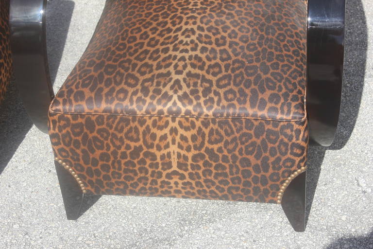 Pair of French Art Deco Black Lacquered Leopard Print Curved-Arm Club Chairs 3