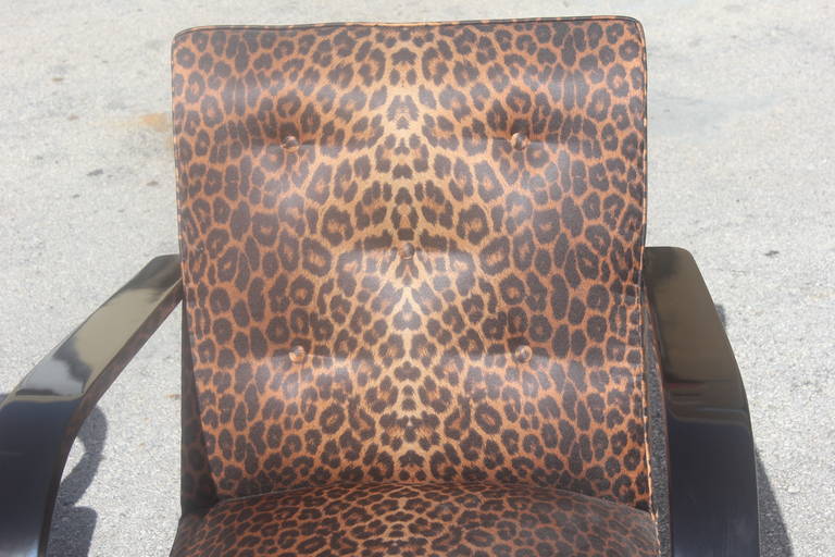 Pair of French Art Deco Black Lacquered Leopard Print Curved-Arm Club Chairs 4