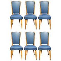 Set of Six French Art Deco Leleu Style Solid Sycamore Dining Chairs, circa 1940s