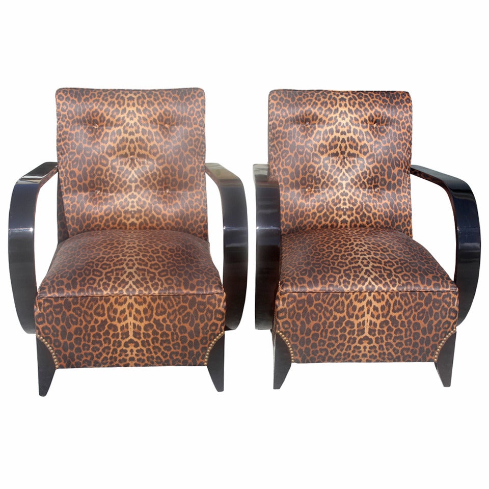 Pair of French Art Deco Black Lacquered Leopard Print Curved-Arm Club Chairs