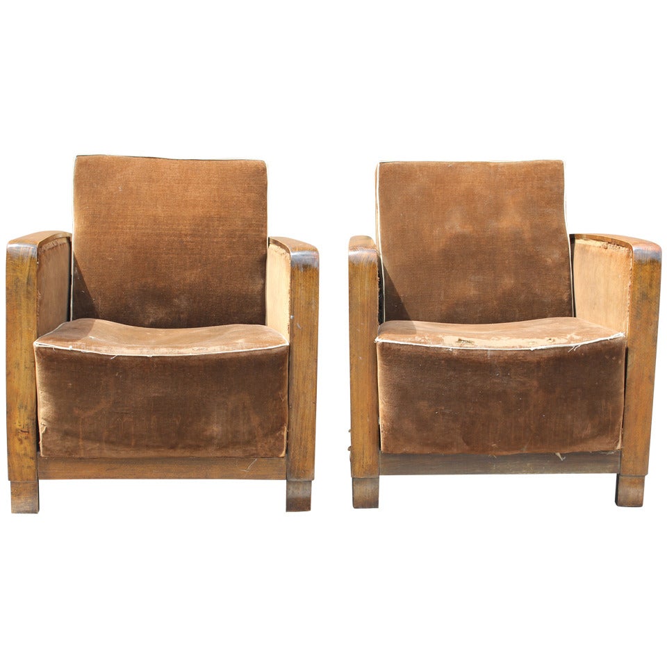 Pair of French Art Deco Walnut Club Chairs, Reclining, circa 1940s