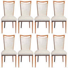 Set of Eight French Art Deco Walnut Dining Chairs, circa 1940s