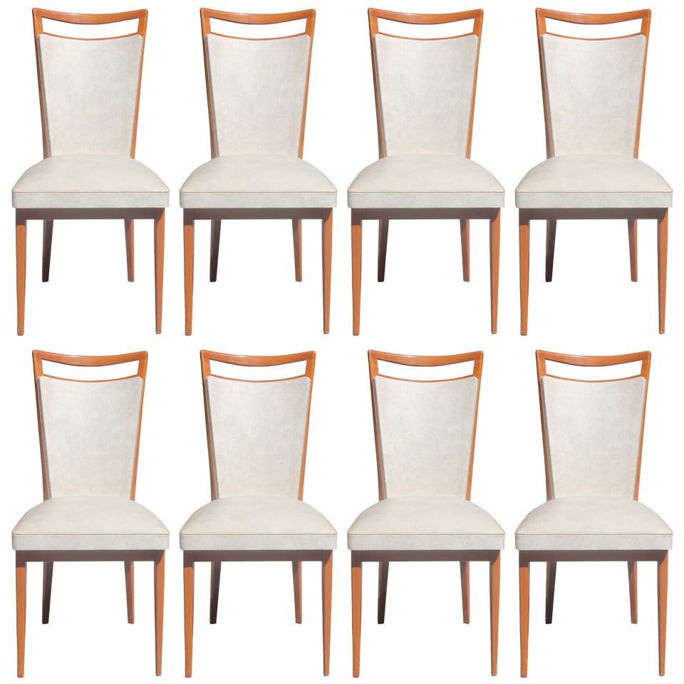 Set of Eight French Art Deco Walnut Dining Chairs, circa 1940s