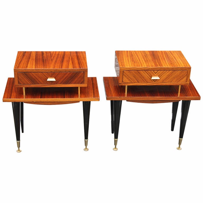 Pair French Art Deco Exotic Macassar Ebony Nightstands, circa 1940's at