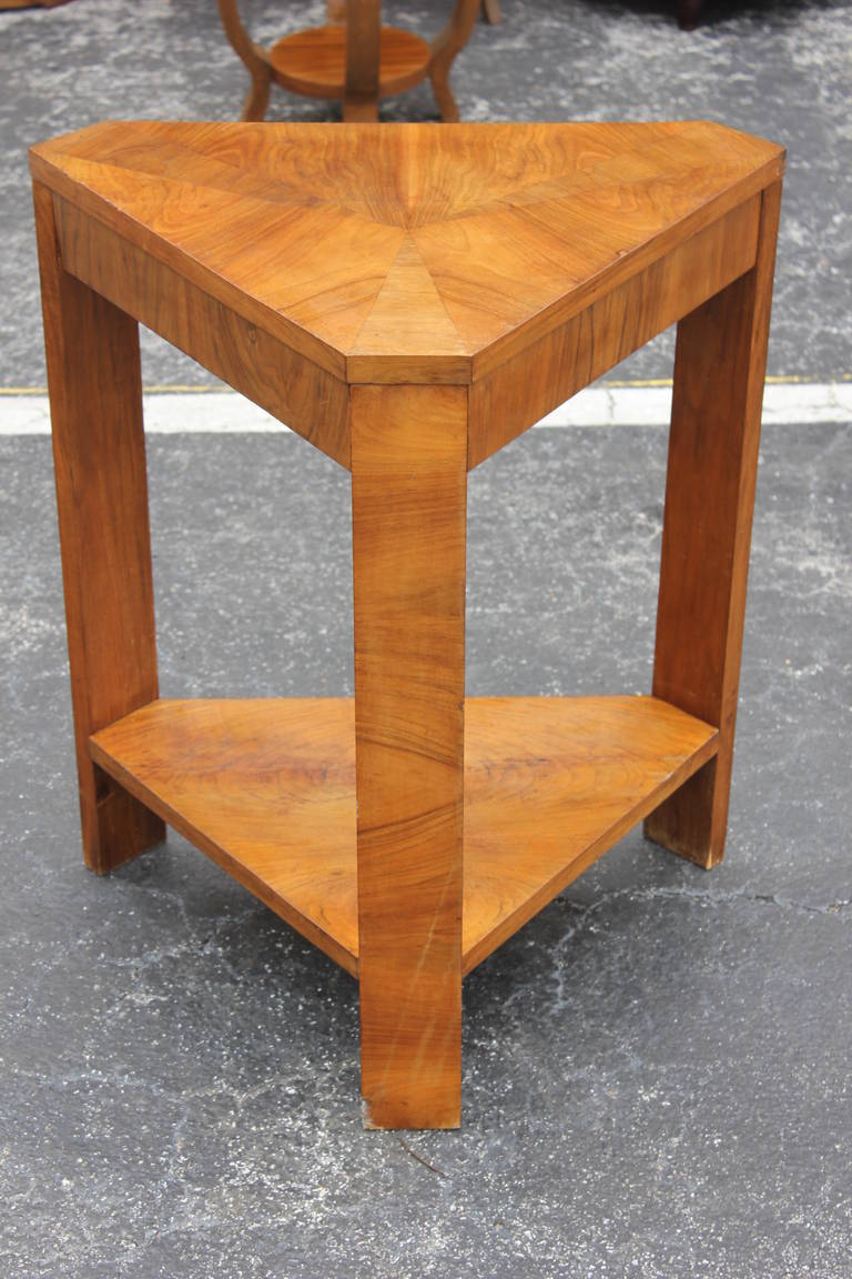 French Art Deco, Exotic Walnut Triangular Accent Table, circa 1940s at