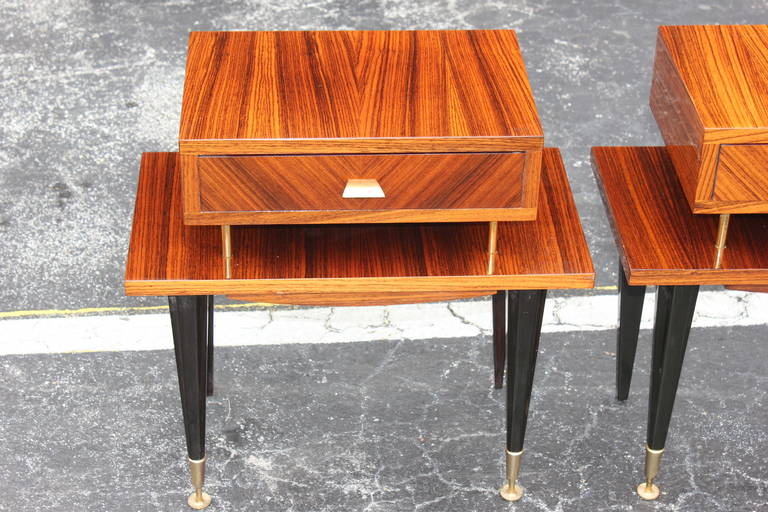 Pair French Art Deco Exotic Macassar Ebony Nightstands, circa 1940's at