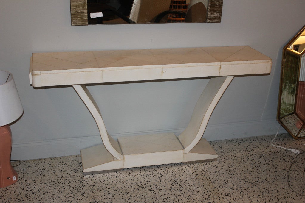 Stunning Parchment Console Table, French Art Deco Period. Diamond Cut Design, Sway Base. Nickel Accent.