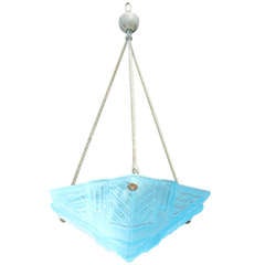 French Art Deco Baby Blue Art Glass Suspended Fixture, 1940's