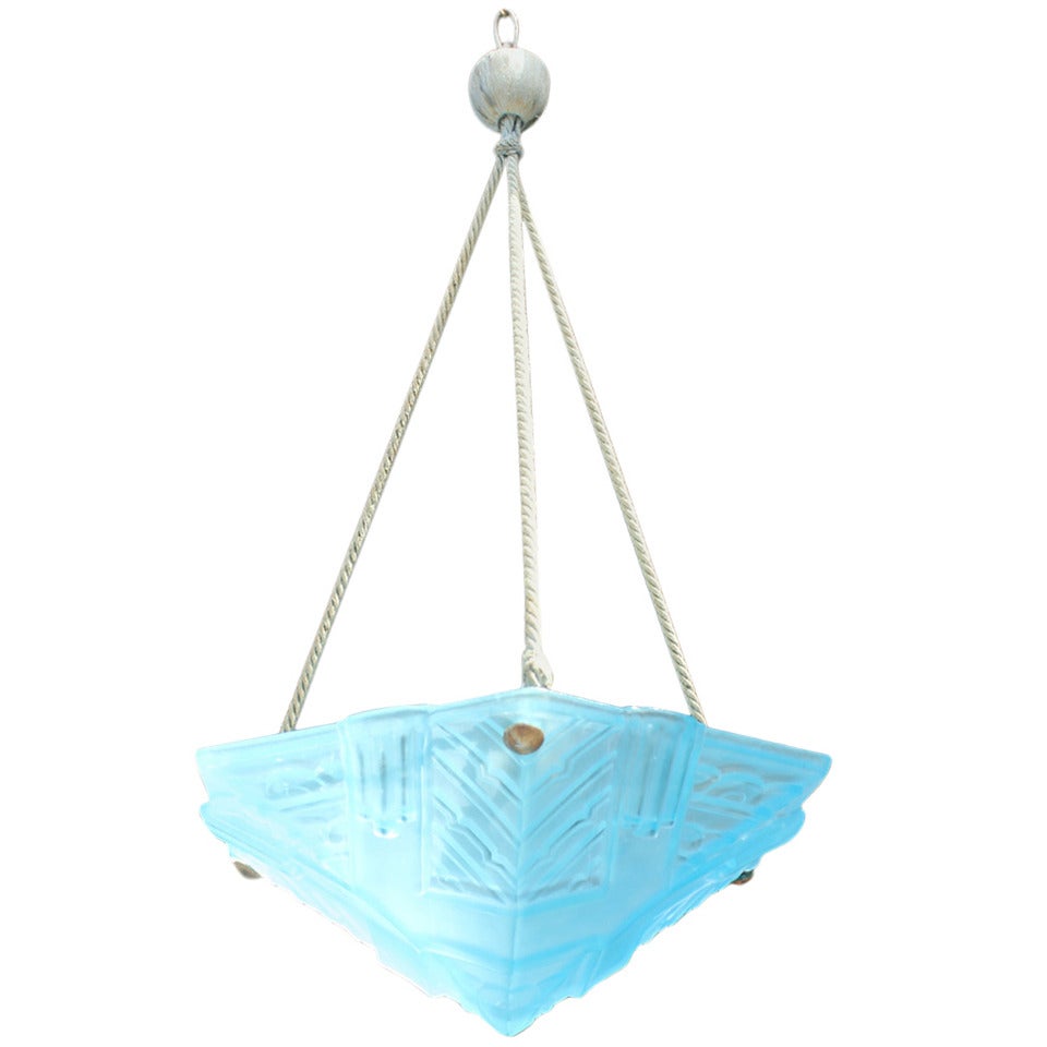 French Art Deco Baby Blue Art Glass Suspended Fixture, 1940's