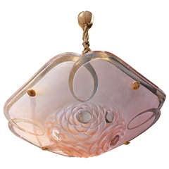 French Art Deco Pink Art Glass Suspension Fixture by Degue