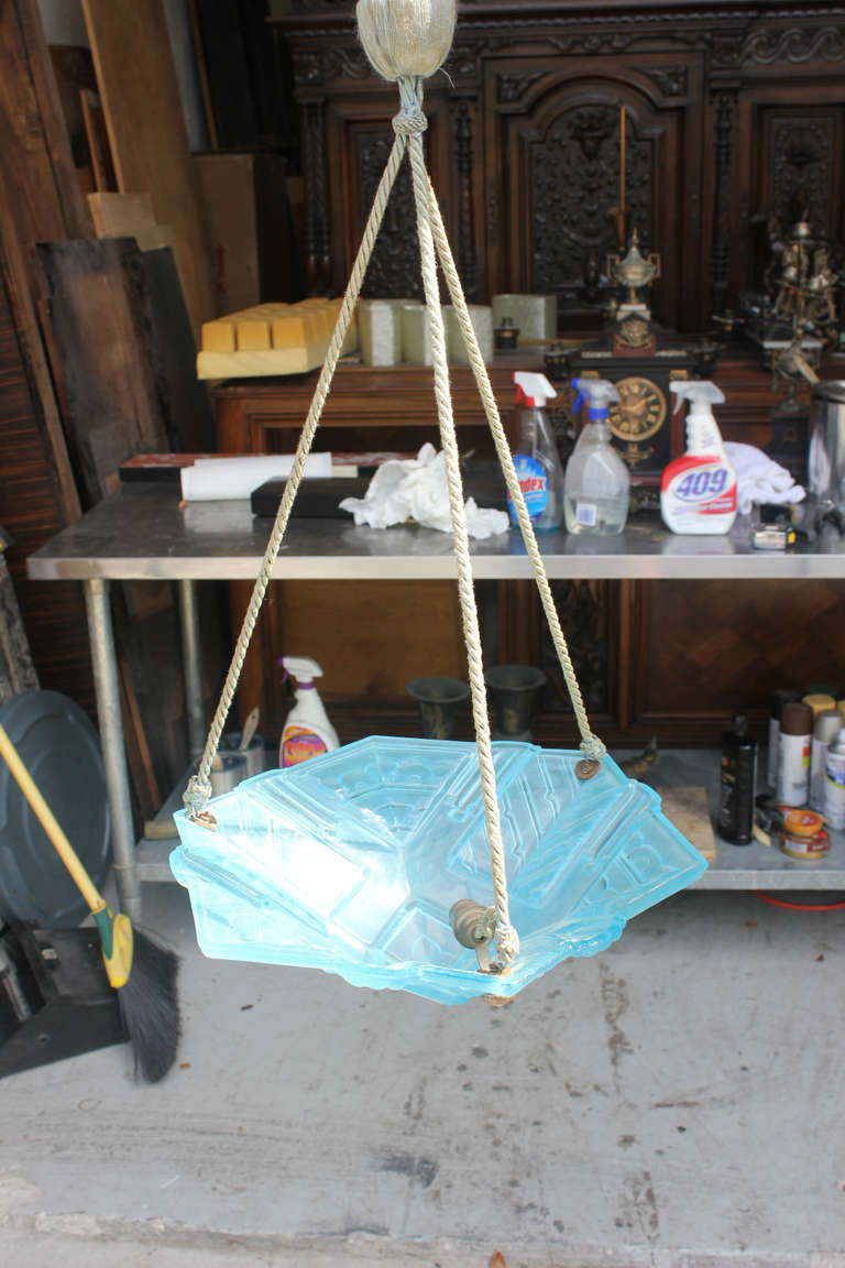 Mid-20th Century French Art Deco Baby Blue Art Glass Suspended Fixture, 1940's