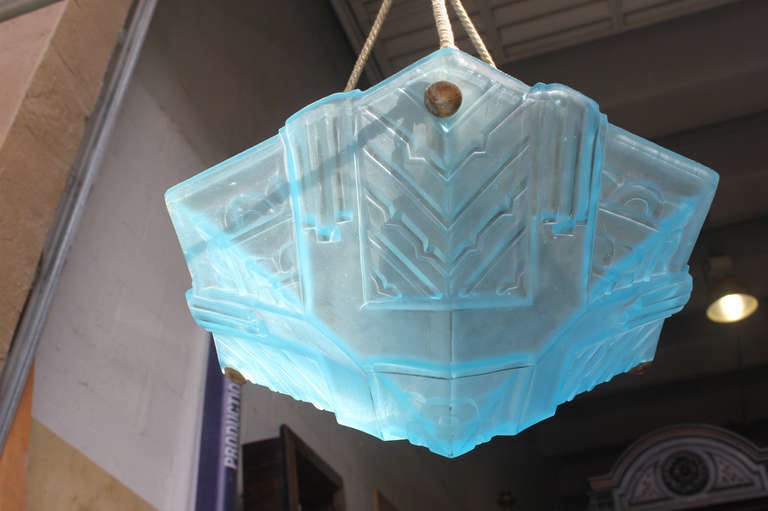 French Art Deco Baby Blue Art Glass Suspended Fixture, 1940's 1