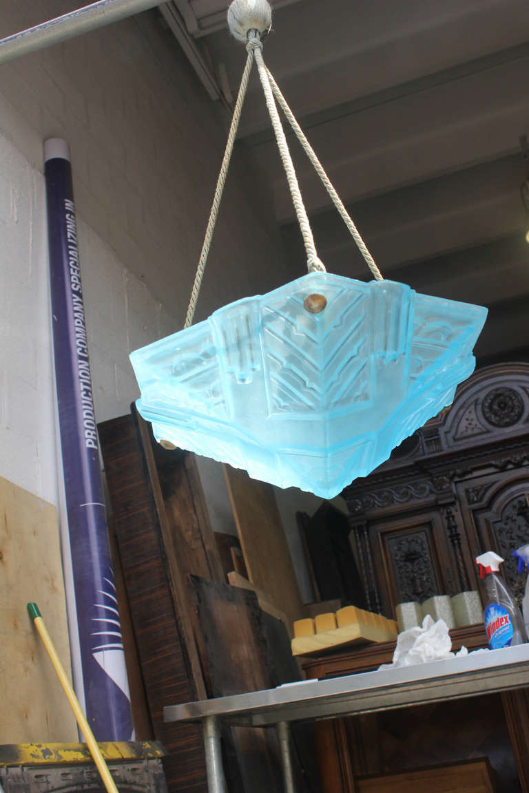 French Art Deco Baby Blue Art Glass Suspended Fixture, 1940's In Good Condition In Hialeah, FL