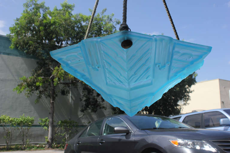 French Art Deco Baby Blue Art Glass Suspended Fixture, 1940's 2